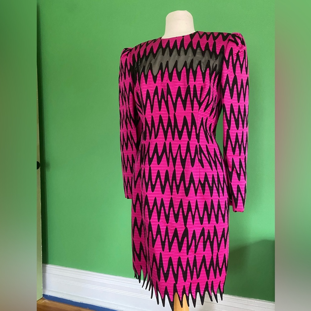 Vintage 90s Patricia Rhodes Pink and Black Zigzag wool silk extravsgant Dress